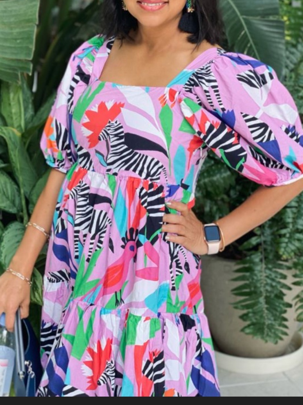 Oliphant Multicolor Zebra & Floral Print Puff Sleeve Dress - Pink Base
